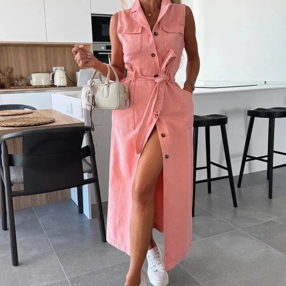 Robe chemise en jean longue sans manches