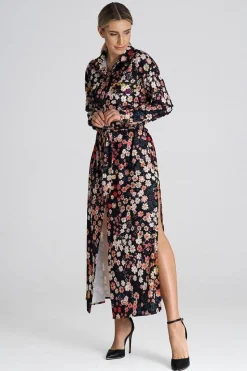 Robe chemise fleurie noir manche longue