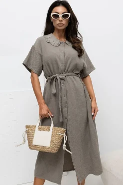 Robe chemise grise midi gaze de coton