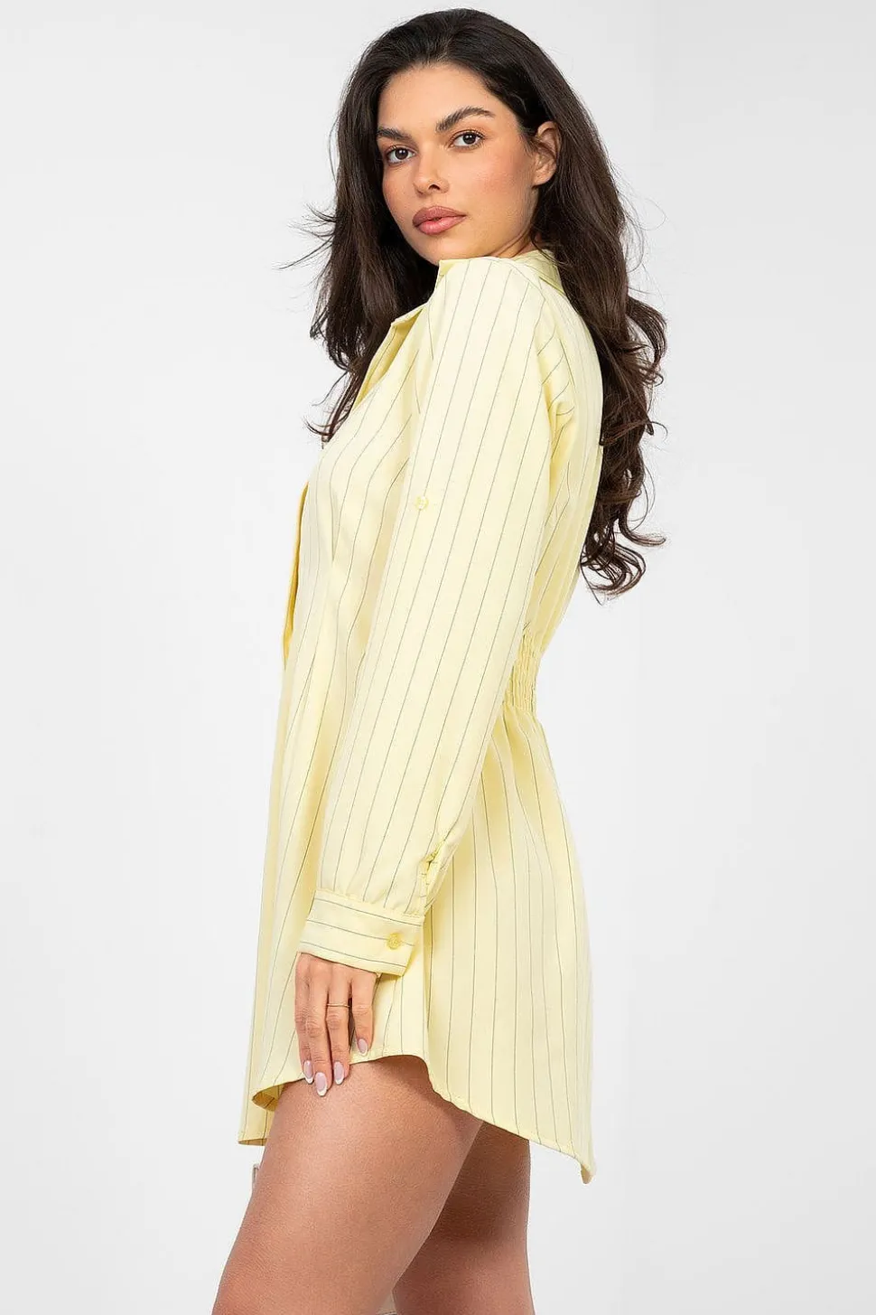 Robe chemise jaune rayée manches longues
