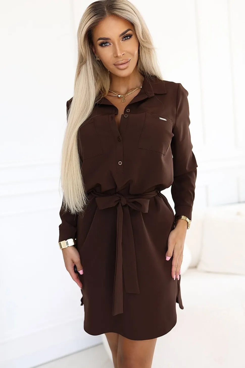 Robe chemise marron courte manches longues