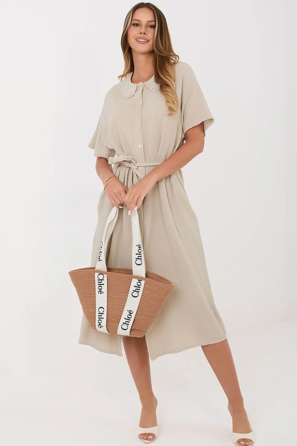 Robe chemise midi beige en gaze de coton