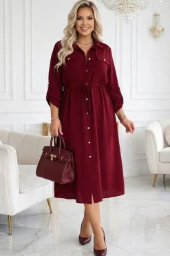 Robe chemise midi bordeaux manches longues