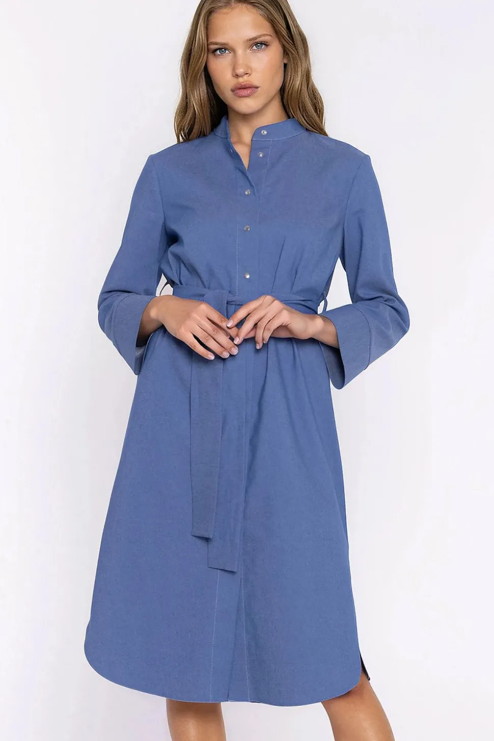 Robe chemise midi manches longues bleue