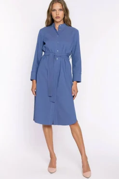 Robe chemise midi manches longues bleue