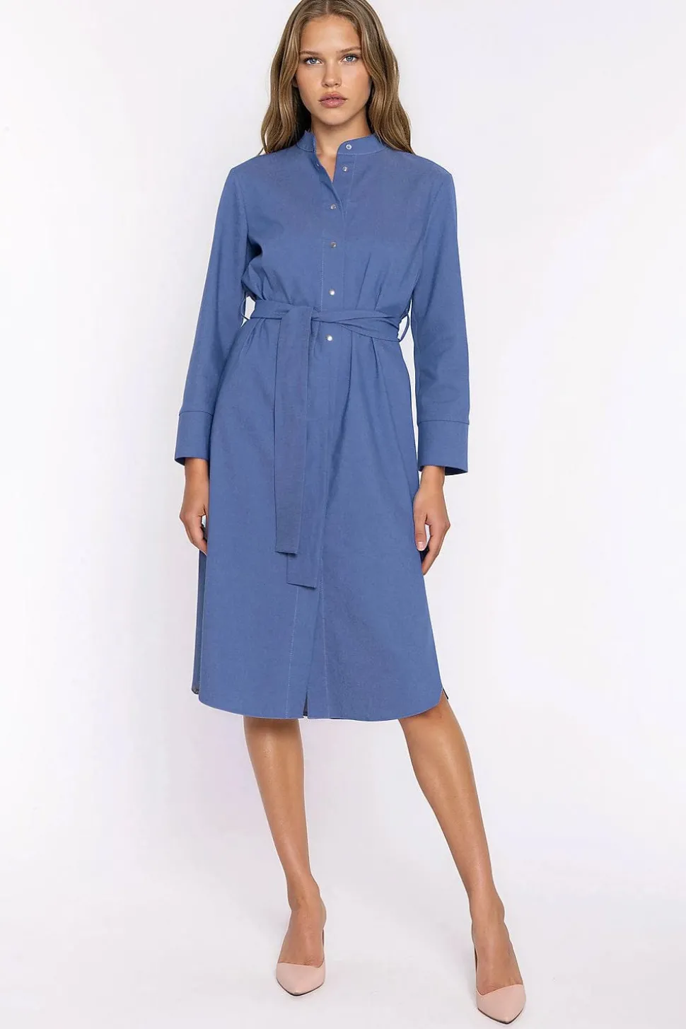 Robe chemise midi manches longues bleue