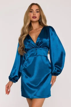 Robe courte bleu sarcelle à manches bouffantes