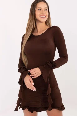 Robe courte marron moulante manches longues