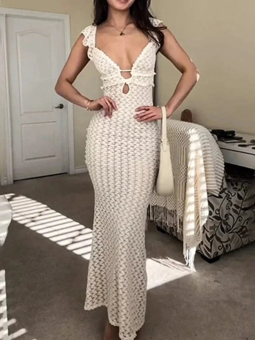 Robe crochet maxi blanche dos nu