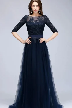 Robe de bal bleue longue en dentelle