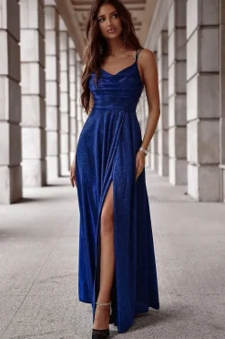 Robe de bal bleue longue pailletée
