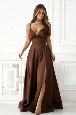 Robe de bal marron longue fendue chic