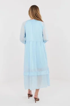 Robe de cocktail bleue manches longues bohème
