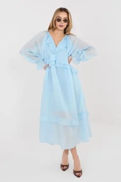 Robe de cocktail bleue manches longues bohème
