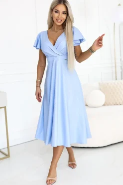 Robe de cocktail bleue midi manches courtes