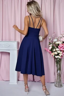 Robe de cocktail bleue midi trapèze