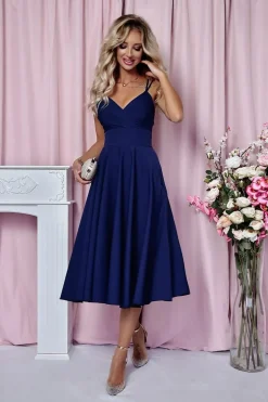 Robe de cocktail bleue midi trapèze