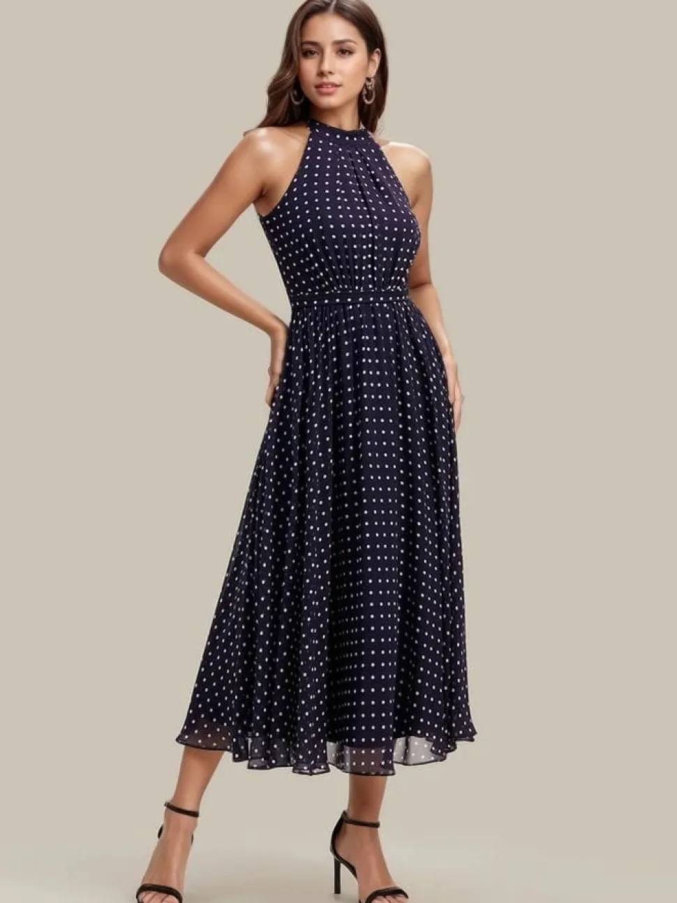 Robe de cocktail bleu marine à pois sans manches col licou