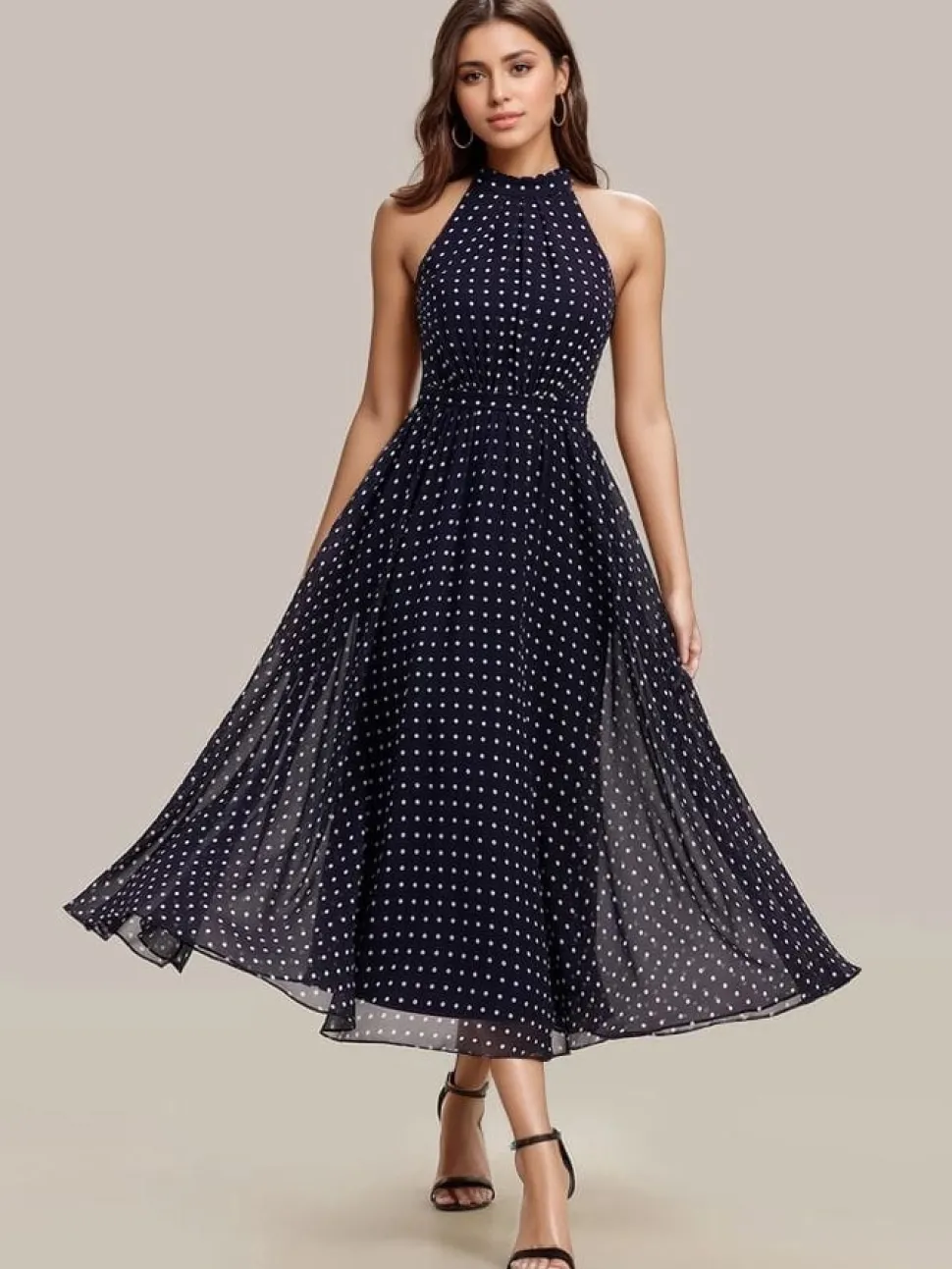 Robe de cocktail bleu marine à pois sans manches col licou