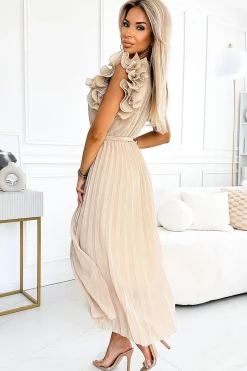 Robe de cocktail plissée beige midi