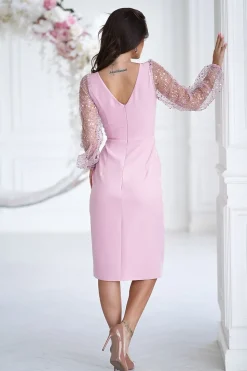 Robe de cocktail rose chic manches transparentes