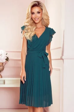 Robe de cocktail verte bouteille plissée