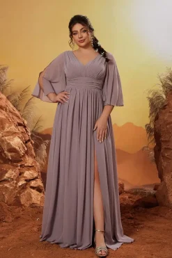Robe de demoiselle d'honneur taupe grande taille manches mi-longues