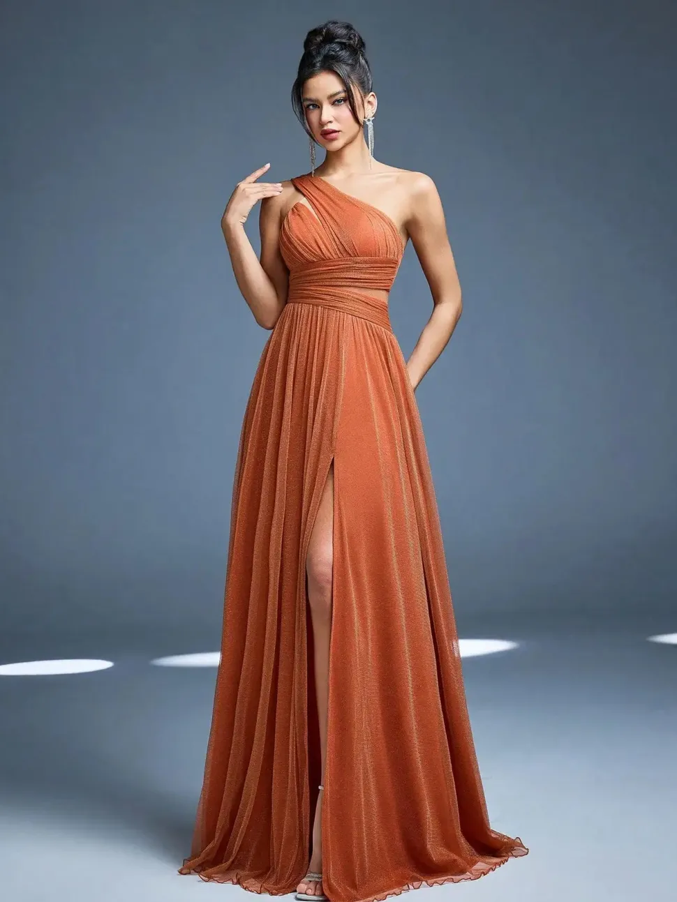 Robe de demoiselle d'honneur terracotta à une épaule et fente haute