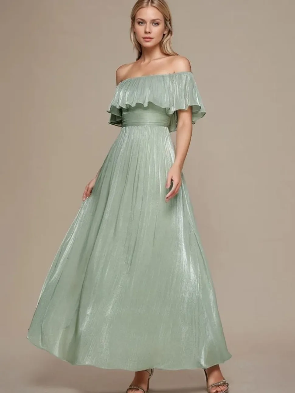Robe de demoiselle d'honneur verte sauge épaules dénudées à volants