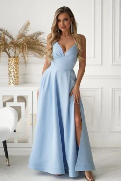 Robe de gala bleu ciel longue fendue