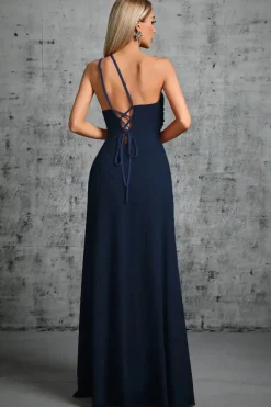 Robe de gala longue bleue marine avec fente