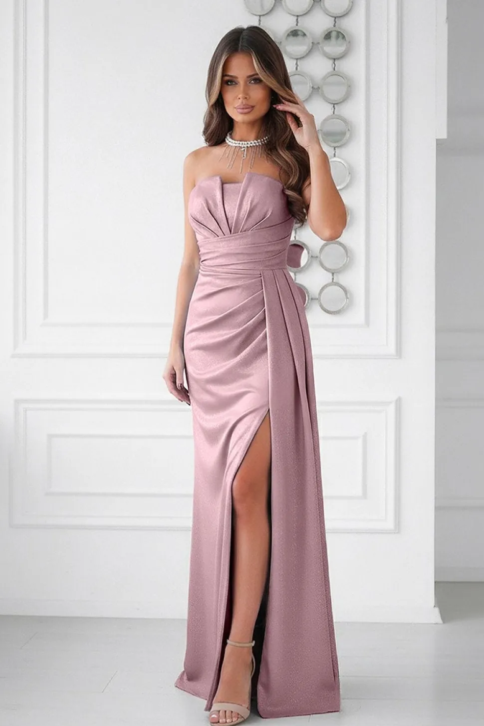 Robe de gala rose drapée longue