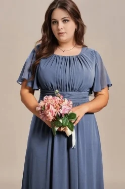 Robe demoiselle d'honneur bleue grande taille manches courtes