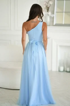 Robe demoiselle d'honneur bleue longue asymétrique