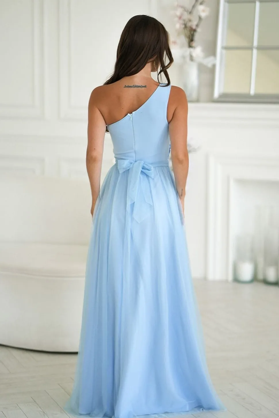 Robe demoiselle d'honneur bleue longue asymétrique