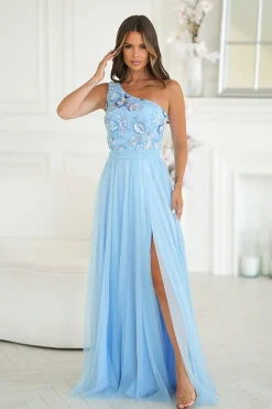 Robe demoiselle d'honneur bleue longue asymétrique