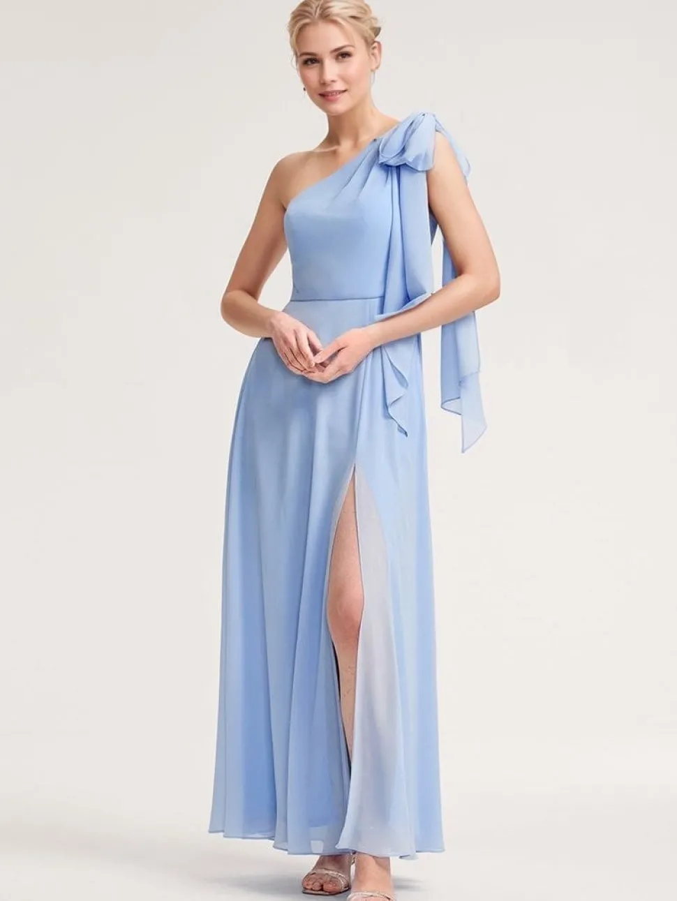 Robe demoiselle d'honneur bleue à une épaule