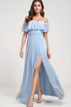 Robe demoiselle d'honneur bleue longue épaules dénudées