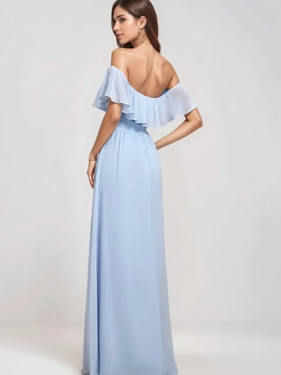 Robe demoiselle d'honneur bleue longue épaules dénudées
