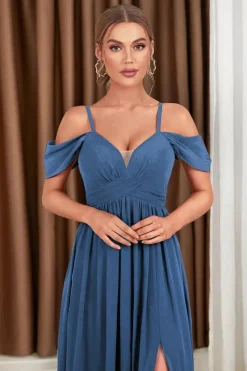 Robe demoiselle d'honneur bleue décolletée en coeur