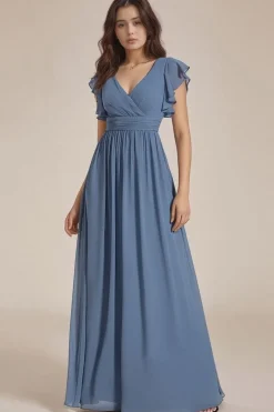 Robe demoiselle d'honneur bleue longue avec ceinture et volants