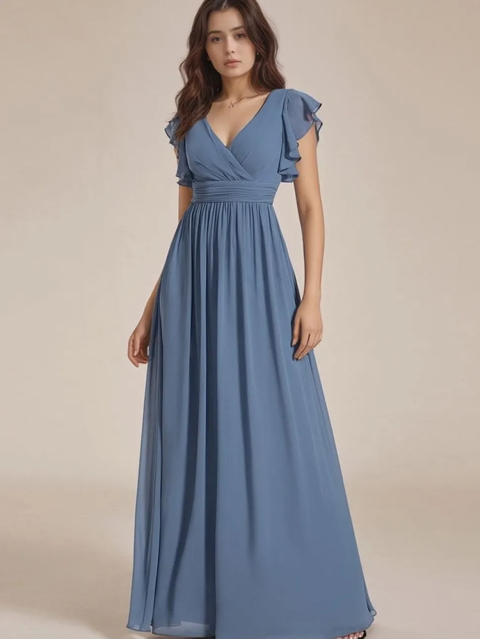 Robe demoiselle d'honneur bleue longue avec ceinture et volants