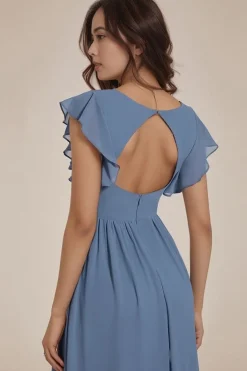 Robe demoiselle d'honneur bleue longue avec ceinture et volants