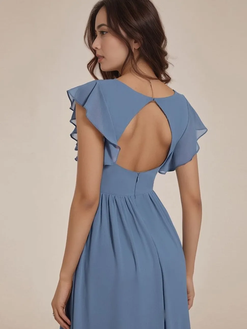 Robe demoiselle d'honneur bleue longue avec ceinture et volants