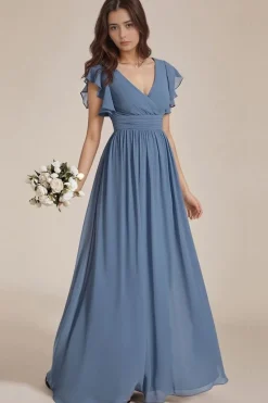 Robe demoiselle d'honneur bleue longue avec ceinture et volants