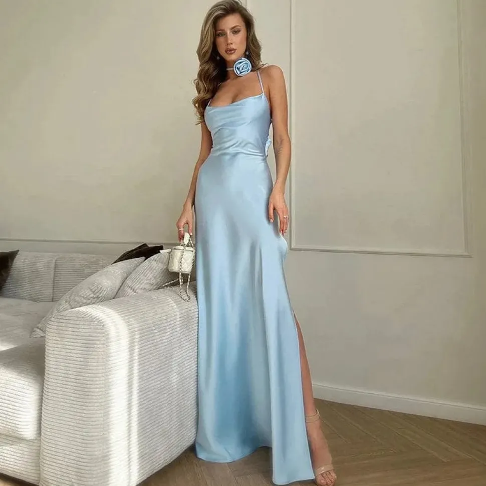 Robe demoiselle d'honneur fendue bleu pastel