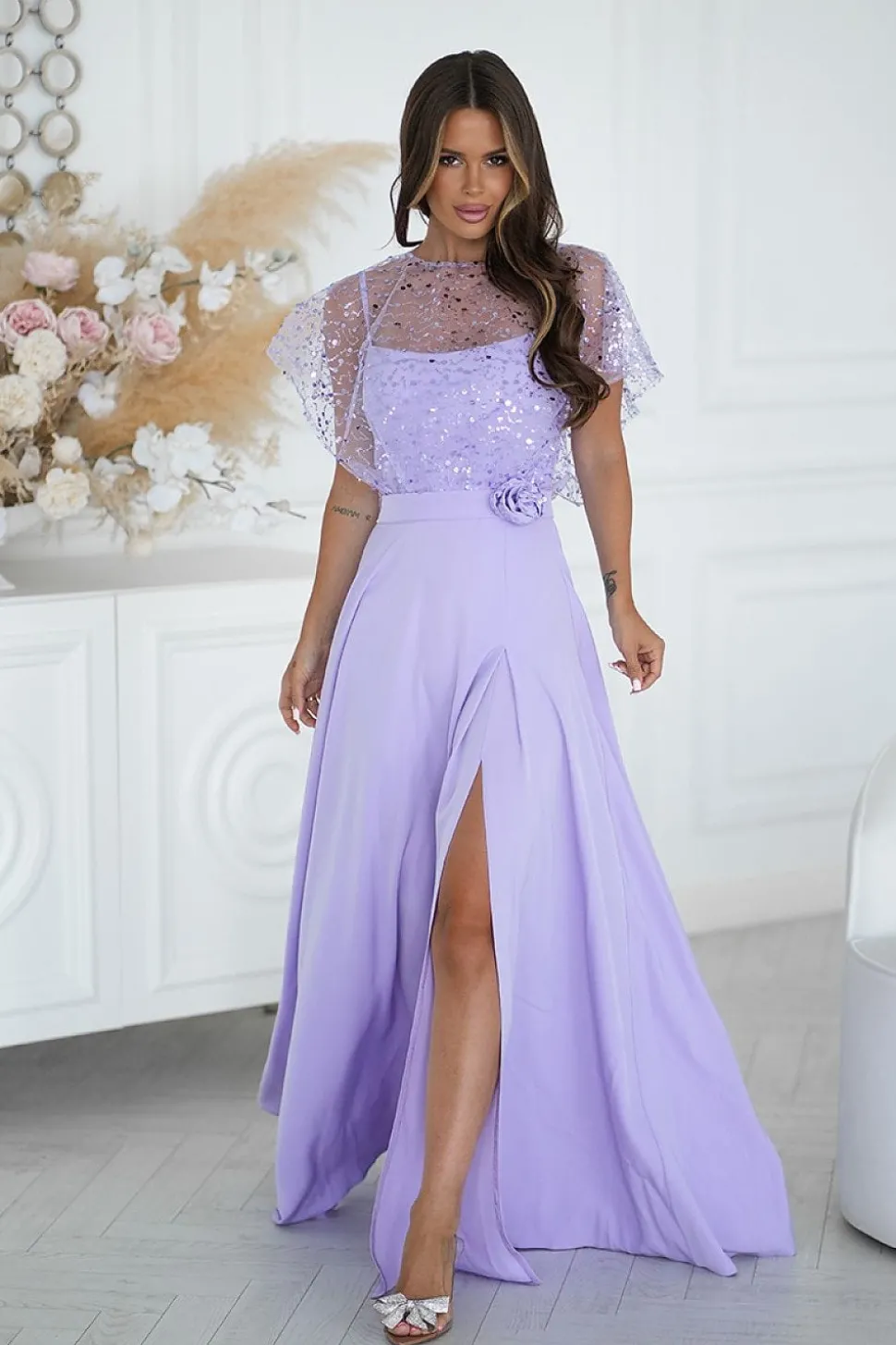 Robe demoiselle d'honneur lilas longue avec boléro à sequins