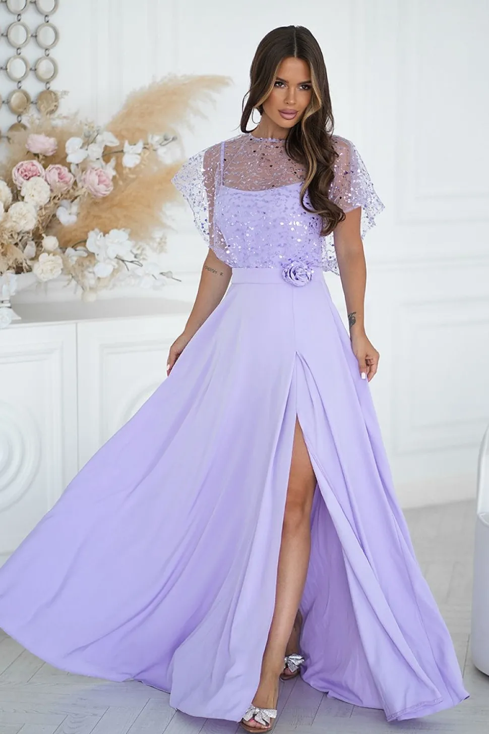 Robe demoiselle d'honneur lilas longue avec boléro à sequins