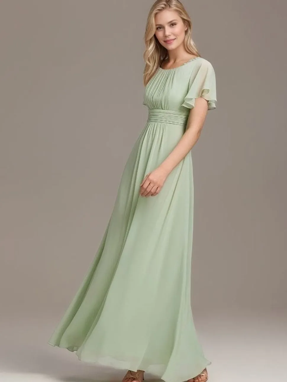 Robe demoiselle d'honneur longue drappée vert sauge fluide