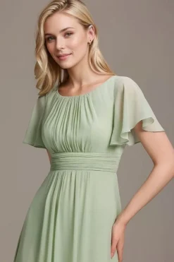 Robe demoiselle d'honneur longue drappée vert sauge fluide